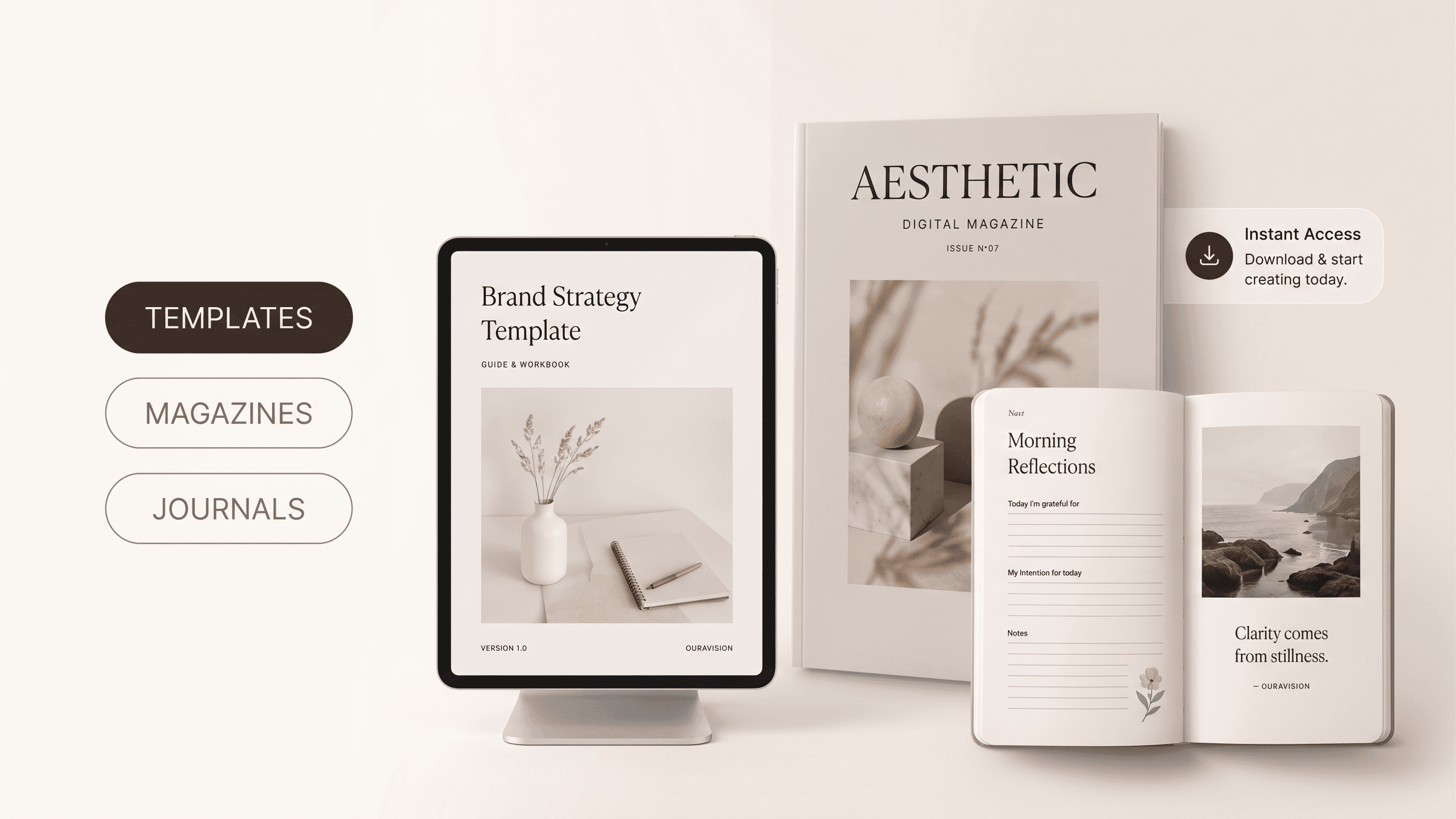 Oura Vision template mockups — tablet, magazine, and open journal